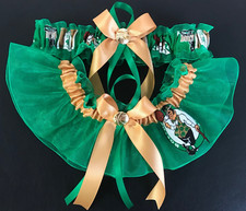 HANDMADE Set of 2 Gold Satin green organza GARTER  TOSS Prom Wedding Bridal