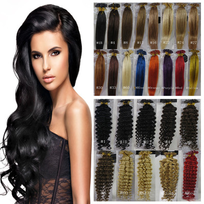 18''-32'' Keratin Nail U-Tip Keratin Human Hair Extensions Straight Wavy Curly