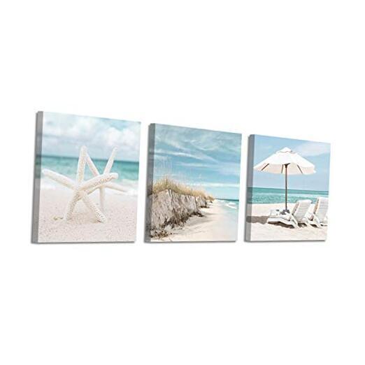 Coastal Canvas Wall Art Print: Starfish & Beach Chairs on Sand 12