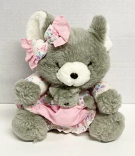 Vintage Gray Mouse With Baby Pink Floral Dress 12" Plush Sugar Loaf 