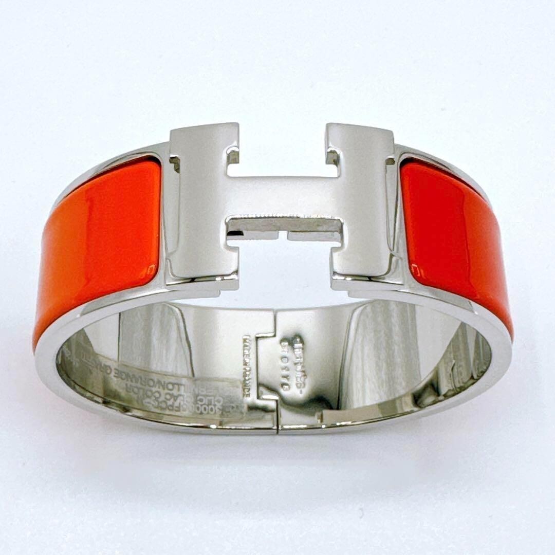 Auth HERMES Clic Clac H Bangle Bracelet Silver/Orange Metal/Enamel