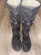 ARCHE Womens Matte Black Nubuck Leather Pink Embroidery Riding Boots Sz US 9.5