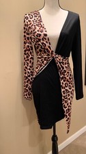 SHEIN SXY Leopard Print Plunging Neck Twist Asymmetrical Hem Bodycon Dress,S