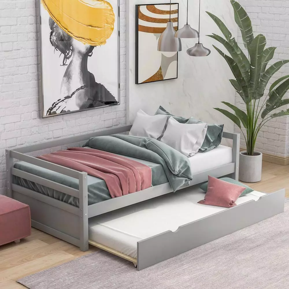 Home Twin Size Wood Daybed with Trundle Bed Frame Set Bedroom