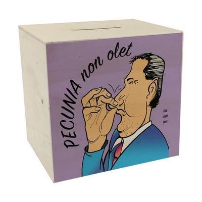 Pecunia non olet Spardose aus Holz in Lila zum Thema Geld