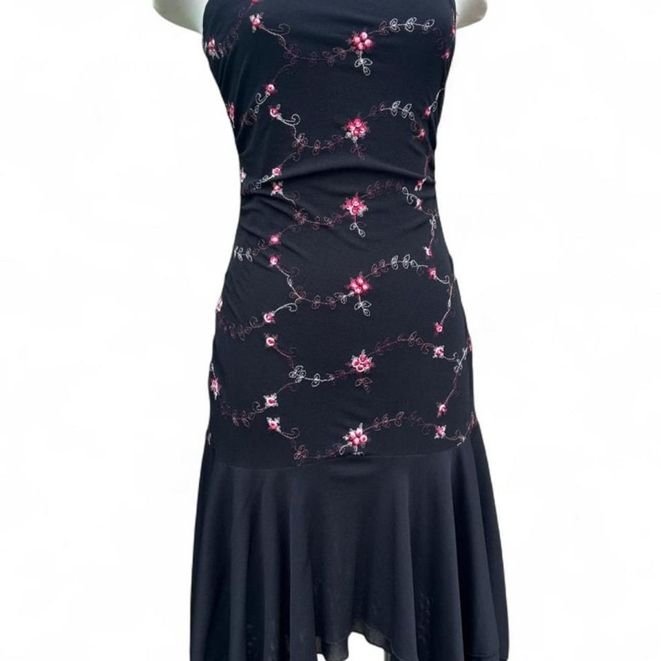 Vintage 90s black floral embroidered strapless drop waist mermaid mini dress S/M