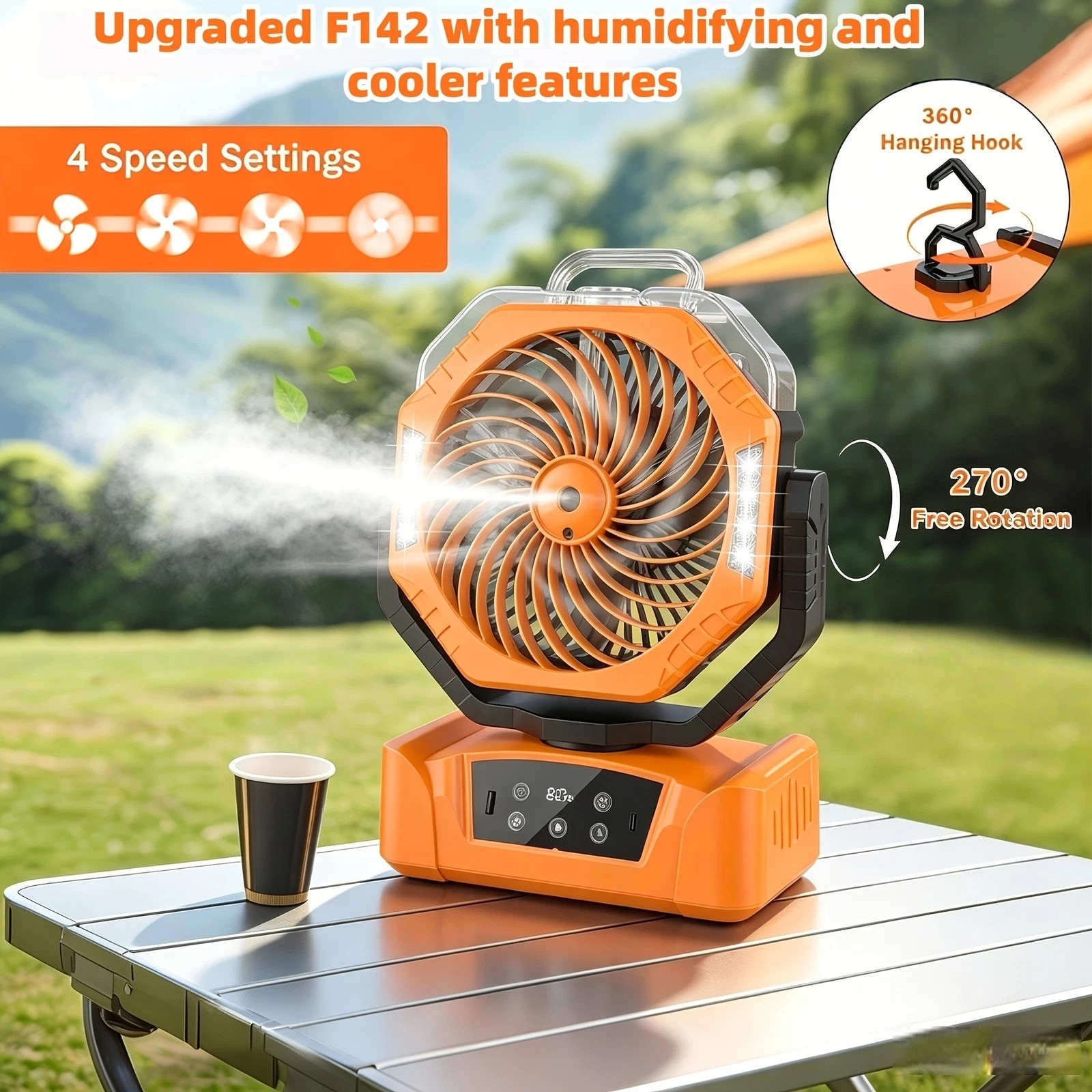 Portable Rechargeable Fan 20000mAh Camping Fan w/ LED Light & Remote 4 Speeds Y