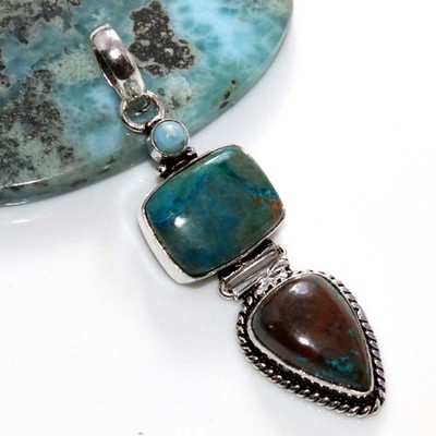 925 Silver Plated Long Chrysocolla Larimar Pendant 2.3'' Limited Stock Deal JW