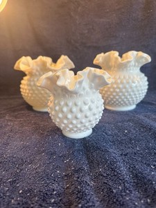 Vintage Fenton Style Art Glass White Ruffled Hobnail Milk Glass Vase set of 3
