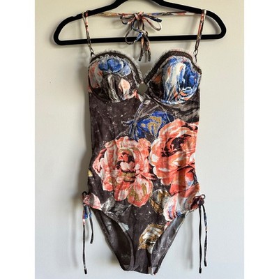 SHAN Floral Underwire One Piece Swimsuit Brown Lace Trim Halter Size 8 40 10