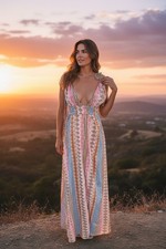 Lulus Maxin' Relaxin' Multi Print Sleeveless Tie-Strap Maxi Boho Size Small