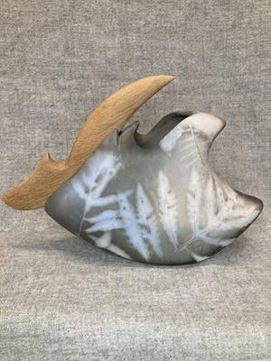 Jan Jacque Art Clay & Wood Pottery Vessel Sculpture Pit Fired Raku Signed Leaf