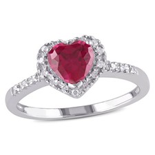 Amour Sterling Silver 1/10 CT Diamond TW And 1 CT Created Ruby Halo Heart Ring