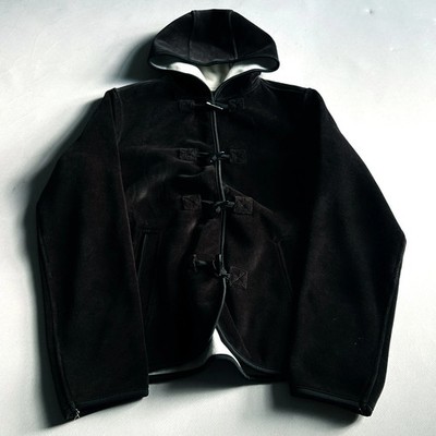 Black Hooded Duffle Jacket Toggle Closure Minimal Wool Vintage Y2K Style