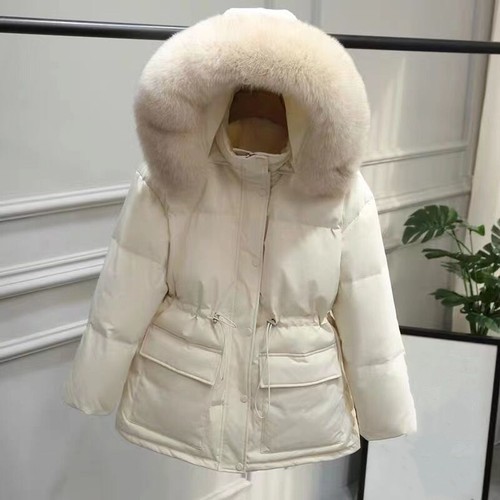Slimming Drawstring Coat with Thick Fur Collar Hood Warm Winter Jacket Outwear - Picture 11 of 11