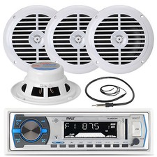 PLMRB29W AUX USB Marine Receiver, Antenna, 3.5" 200W Silver Marine Box Speakers