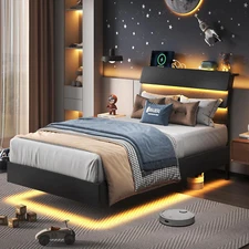 Twin Floating Bed Frame with Led Lights and Charging Station, Wood Twin Size Bed