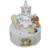 VTG Kitty Cucumber Music Box WORKS Happy Birthday Schmid 1989 Shackman Cake Bear