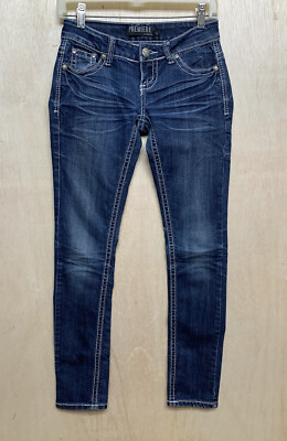 Rue 21 Premiere Jeans Women 0 Reg (28x30 Low Rise Skinny Embroidered Blue Denim