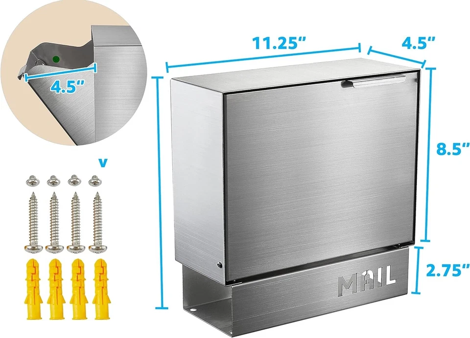 Mailbox Slot Drop Box Wall Mount Secure Locking Cabinet Heavy Duty Steel Black - Image 3 of 4