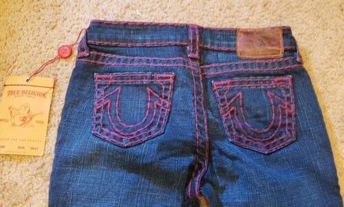 NWT Girls True Religion Stella Super T Dark Blue Jeans Pink Stitch SIZE 14 - Afbeelding 1 van 5