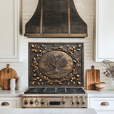 Olive Tree Copper Look  Tempered Glass Kitchen Backsplash Panel, Made in USA,