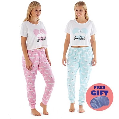 i-Smalls Ladies Long Cotton Pyjama Set Sweet Swan Love Print with Lilac Eye Mask