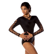 Women's V-Neck Long Sleeve Crisscross Lattice Straps Leotard Body Suit Dance