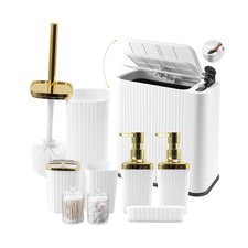 9-Piece White Bathroom Set with Press-Top Slim Trash Can - Minimalist Vertica...