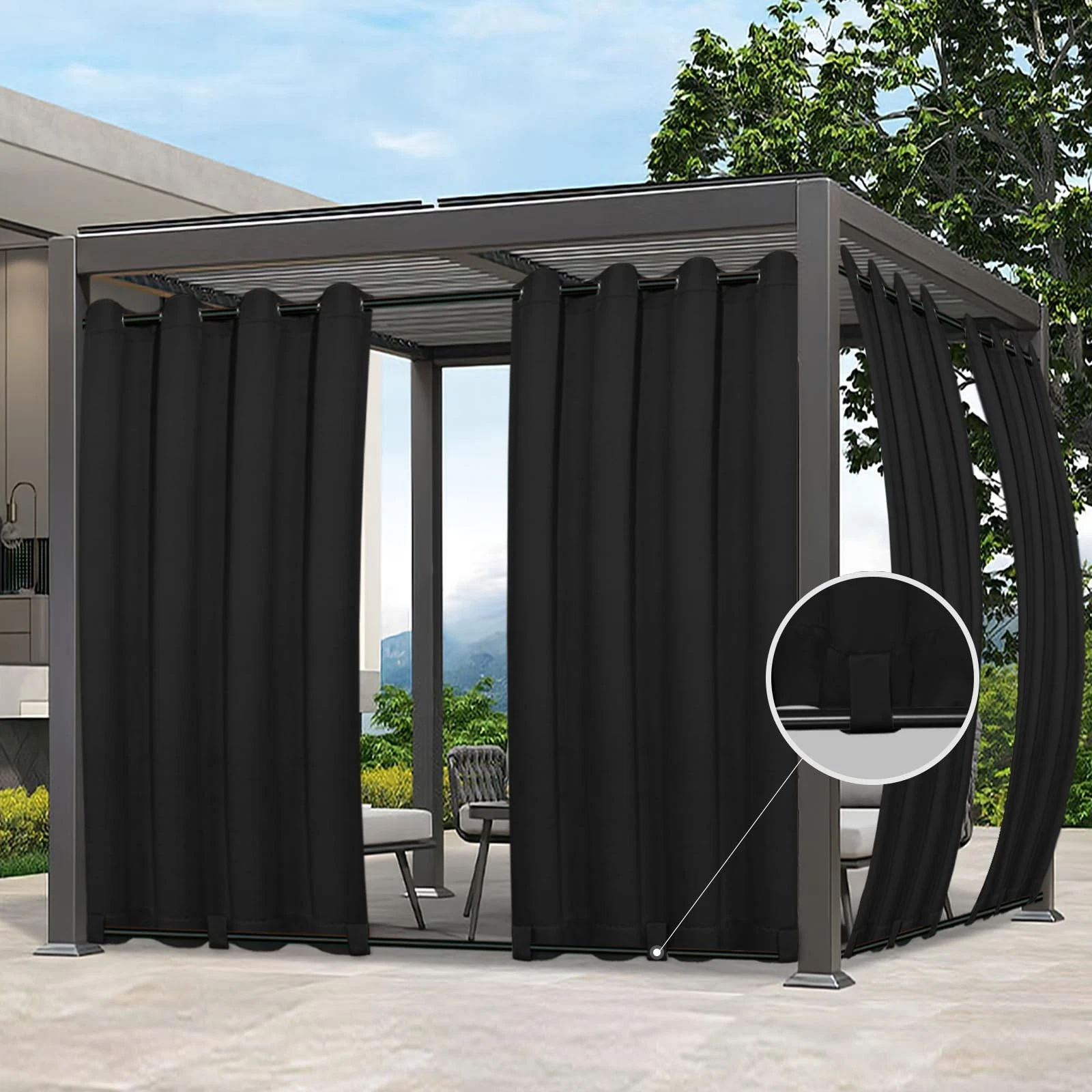 Easy-Going Outdoor Curtains Waterproof 54"W x 84"L (Pack of 1), Black