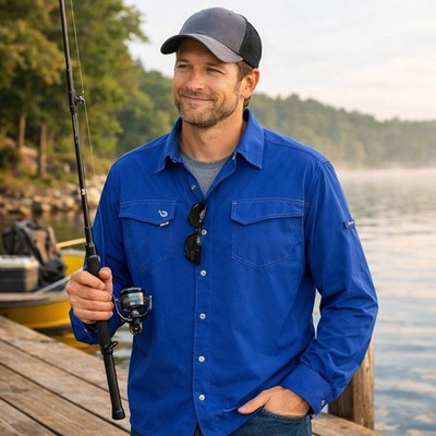 Mojo Sportswear Co Fishing Shirt Men's Medium Blue Pearl Snap Vented Quick Dry