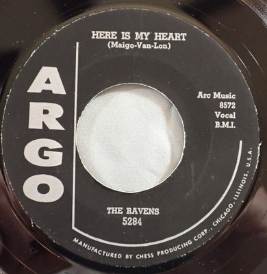 HEAR IT 50's Doo-Wop  45 rpm record The Ravens ''Here Is My Heart'' from 1957