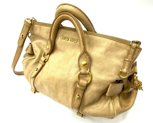Miu Miu Vitello Lux Beige Leather 2Way Shoulder Bag Bow Auth Italy