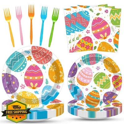 100pc Easter Egg Plates Napkins Forks Party Set for 25, Spring Celebration