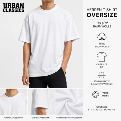 sportliches URBAN CLASSICS Herren T-Shirt Oversize 180 g/m² mit Baumwolle Weiß