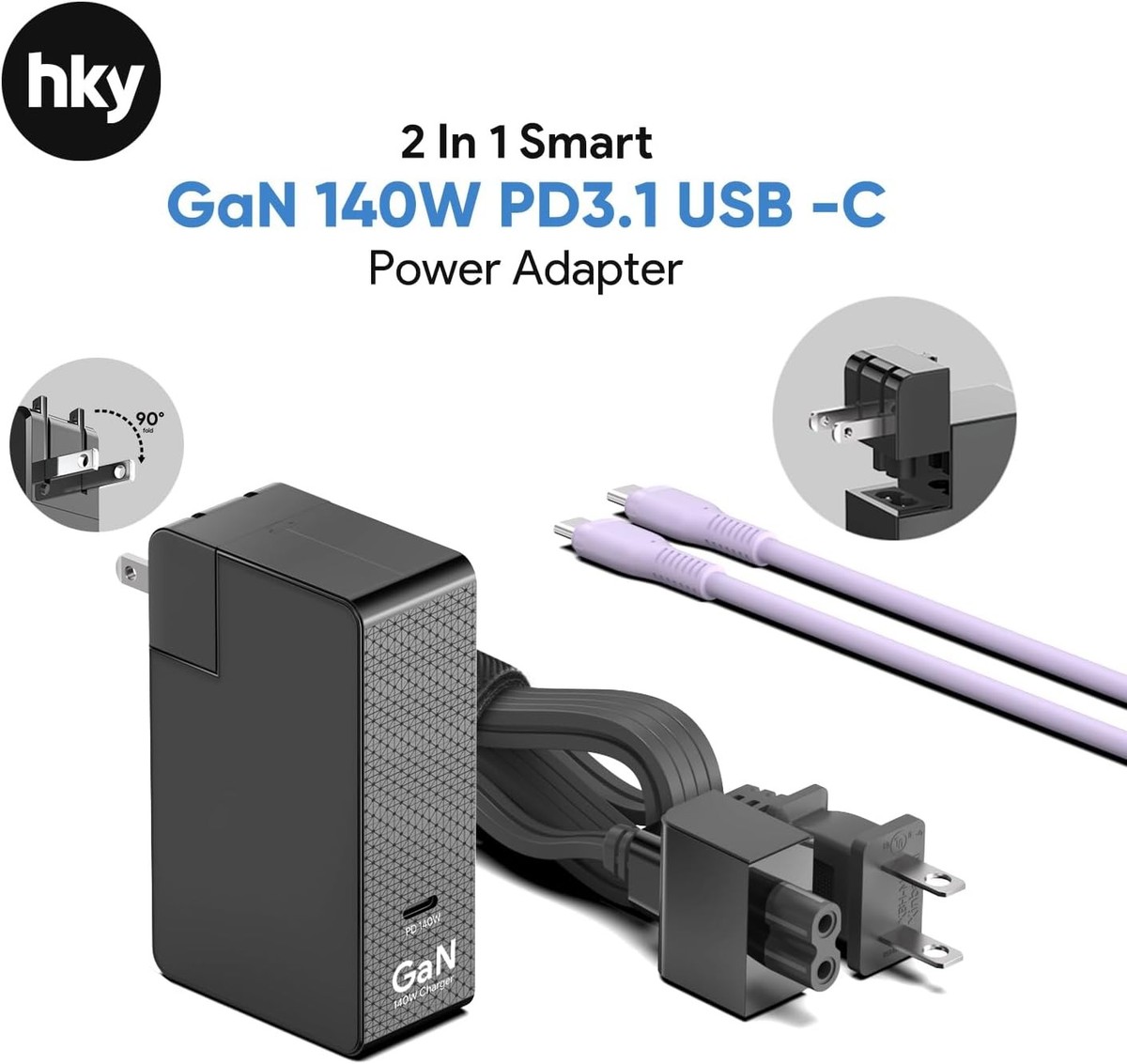 HKY 140W USB C Charger 10Ft Long Portable Slim GaN PD3.1 USB-C