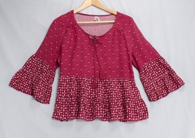 Women s Size XL Boho Blouse Drop Waist Ruffle Bottom 3/4 Flutter Sleeves