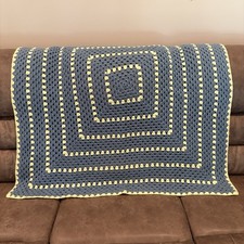 Handmade Crochet Granny Square Afghan Throw Blanket Blue Yellow Lap Baby 46  EUC