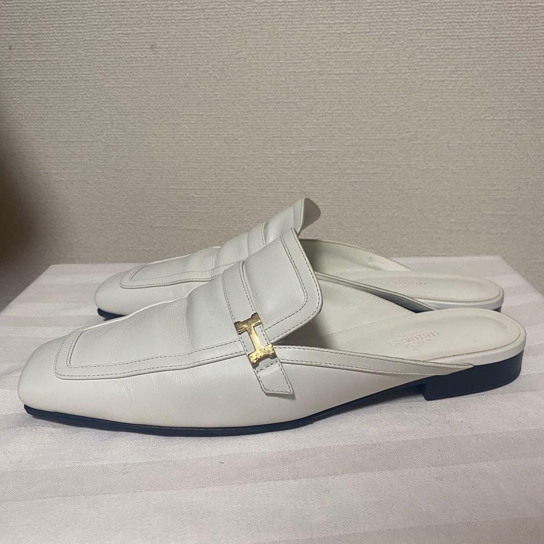 Auth HERMES Women's Groupie Mule Sandals White Logo Size EU39 US9 UK6 Leather image 4