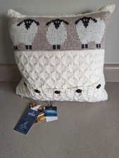 ARAN Woolen Mills 100% Wool Knitted Flock Of Sheep  White Throw Pillow 17"