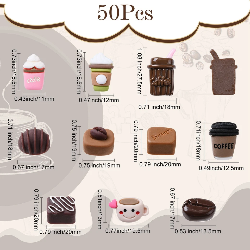50 piezas cabujones de café de resina taza plana cuentas bebida comida para hacer joyas hágalo usted mismo Foto 2 de 4