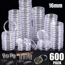 600 Pieces 16mm Coin Holder Capsules Clear Round Plastic Coin Container Case