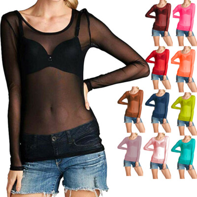 Damen Herren  Mesh Langarm Durchsichtig Langarmshirt Transparent T-Shirt Unisex
