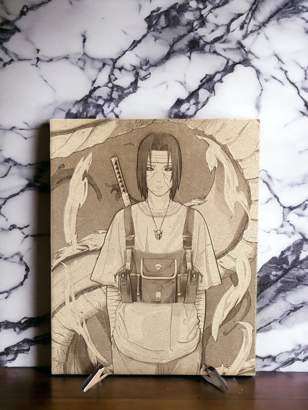 Poster Naruto avec gravure sur bois d'Itachi pour salon de geek style manga