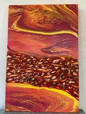 HOT LAVA acrylic painting red orange texture golden leaf canvas original, signed