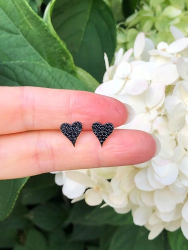 Black Onyx Pave Heart Stud Earrings 925 Sterling Silver Tiny Studs 9mm Gold - Picture 2 of 11