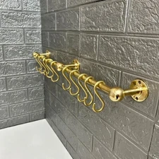 Unlacquered Brass Wall Mounted Pot Rack , Brass Kitchen Rail with Hooks ,32inch