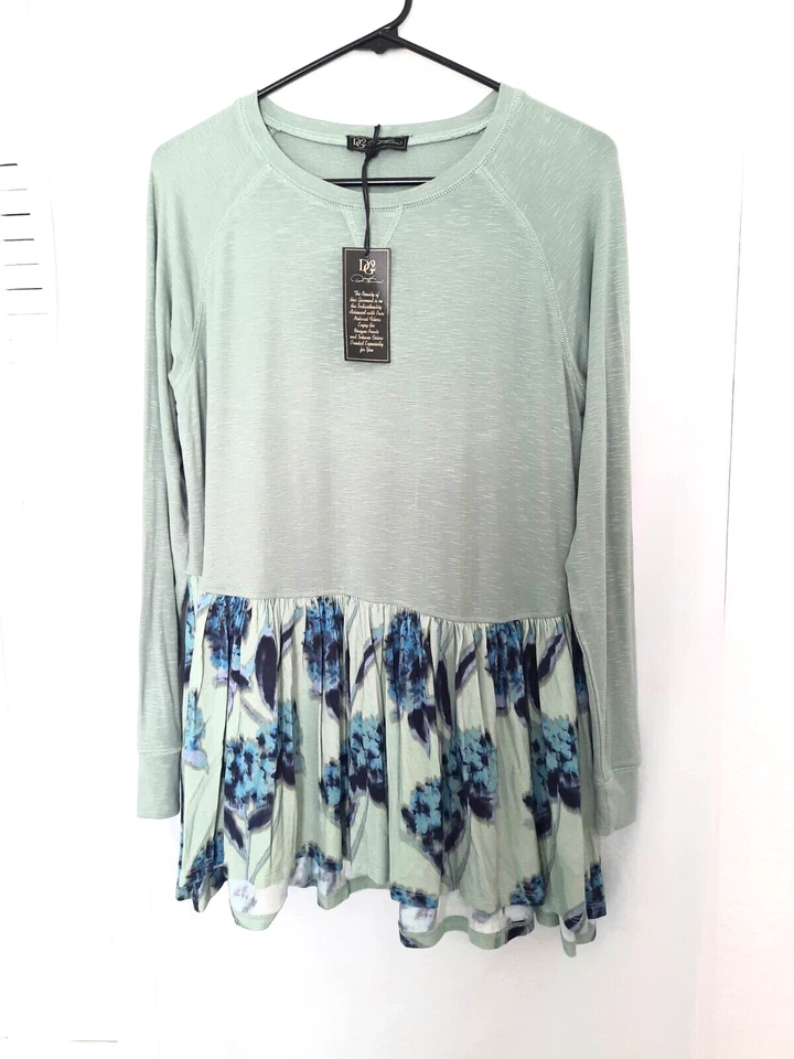 DG2 Diane Gilman Hi Lo 聚拢下摆上衣绿色花卉长袖宽松版型 L 码 — 第 2/4 张图片
