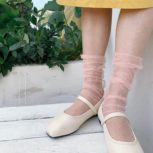 Small Polka Dot Tulle Socks Women Girls Casual Thin Transparent Colors Mesh Sock - Picture 3 of 21