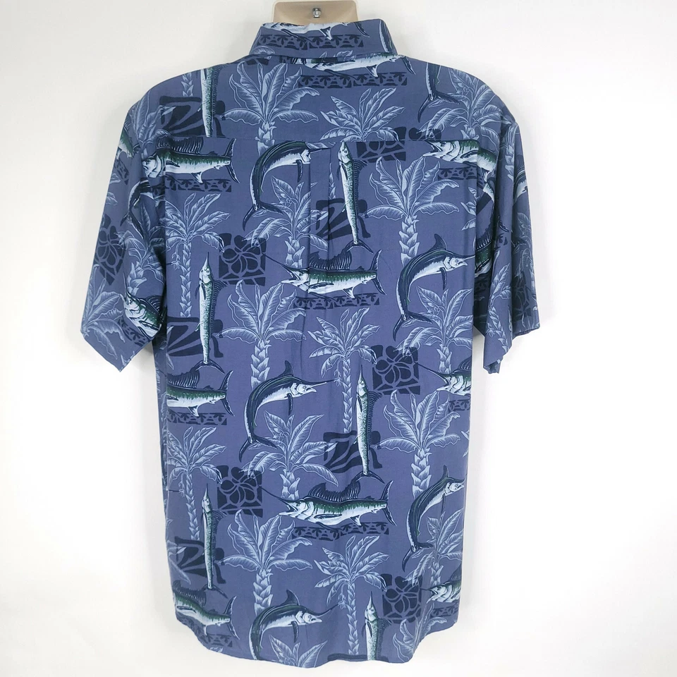 Michael Austin Mens Button Down Shirt L Blue Short Sleeve Marlin Fish Hawaiian - Image 2 of 4
